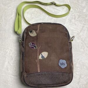 Haiku by Sharon Eisenhauer Brown Canvas Leaf Embroidered Crossbody Bag Messenger